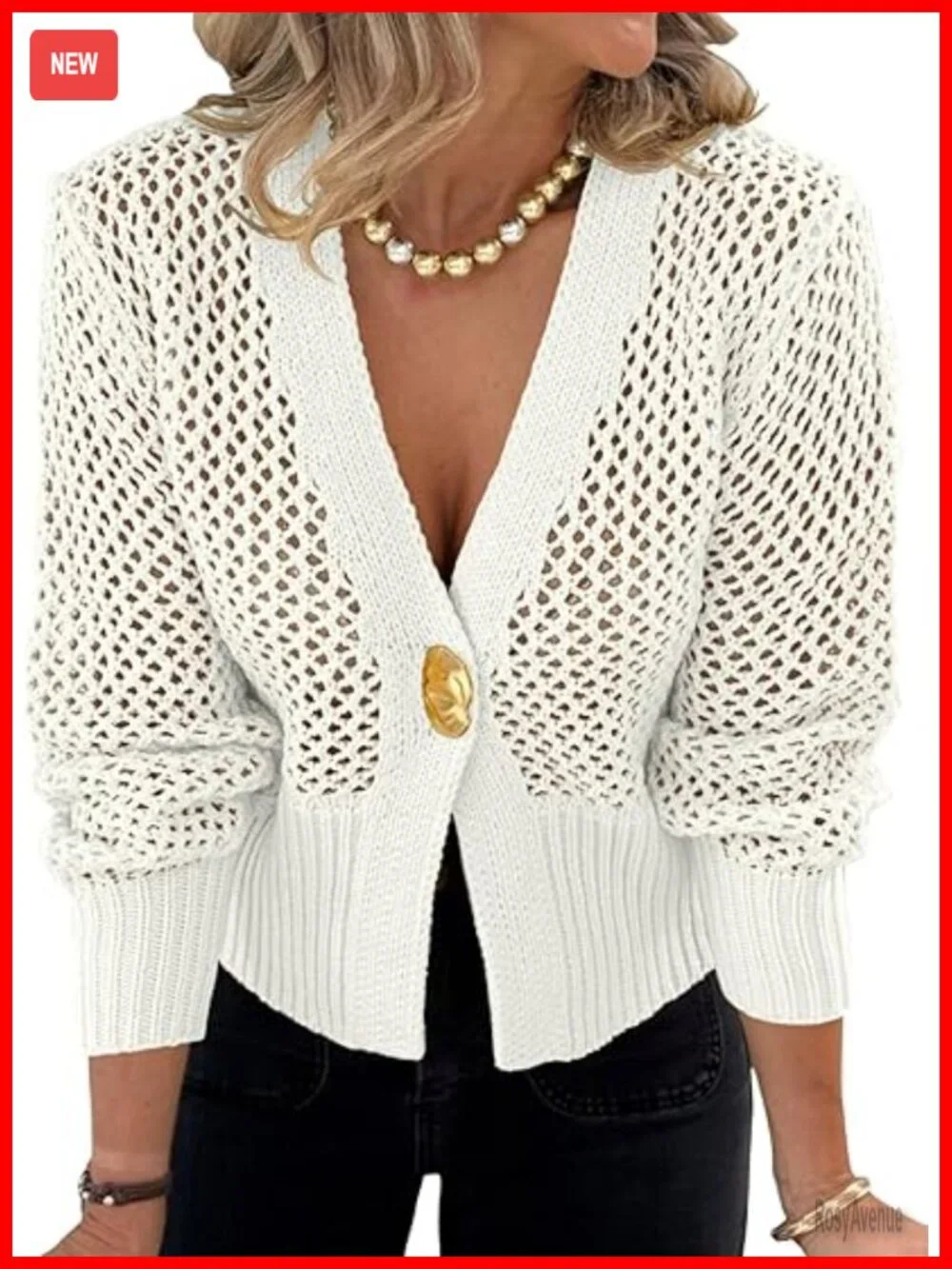 Crochet Cropped Cardigan Hollow Out Button Down Lantern Sleeve Knit Sweater